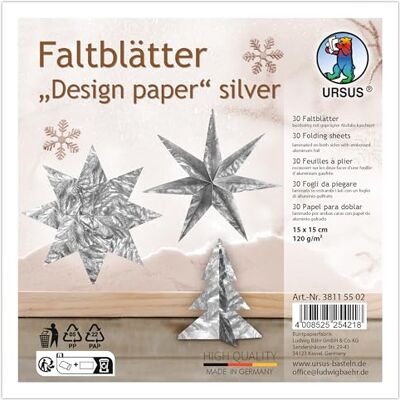 Ursus 3811 55 02 Faltblätter „Designpapier“ Silber, 30 Stück, 15 x 15 cm, 120 g/m², beidseititg kaschiert mit geprägter Alufolie, Bastelpapier für Origami, Falten & Deko Ursus 3811 55 02 Faltblätter „Designpapier“ Silber, 30 Stück, 15 x 15 cm, 120 g/m², beidseititg kaschiert mit geprägter Alufolie, Bastelpapier für Origami, Falten & Deko