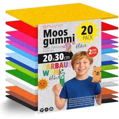 OFITURIA 20 Blatt Moosgummi Set, Bunte Farben, Format 20x30 cm – Ideal für Bastelprojekte, DIY, Schule, Kunst & Dekoration (Glitzer) OFITURIA 20 Blatt Moosgummi Set, Bunte Farben, Format 20x30 cm – Ideal für Bastelprojekte, DIY, Schule, Kunst & Dekoration (Glitzer)