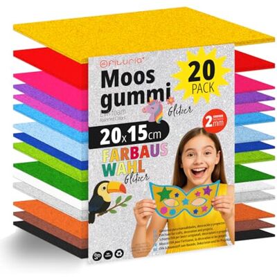 OFITURIA 20 Blatt Moosgummi Set, Bunte Farben, Format 20x15 cm – Ideal für Bastelprojekte, DIY, Schule, Kunst & Dekoration (Glitzer) OFITURIA 20 Blatt Moosgummi Set, Bunte Farben, Format 20x15 cm – Ideal für Bastelprojekte, DIY, Schule, Kunst & Dekoration (Glitzer)