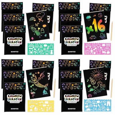 BONNYCO Kratzbilder für Kinder, 16 Sets mit Notizbuch, Schablone und Holzkratzer. Mitgebsel Kindergeburtstag, Kleine Geschenke für Kinder zur Einschulung von 3 bis 12 Jahren BONNYCO Kratzbilder für Kinder, 16 Sets mit Notizbuch, Schablone und Holzkratzer. Mitgebsel Kindergeburtstag, Kleine Geschenke für Kinder zur Einschulung von 3 bis 12 Jahren