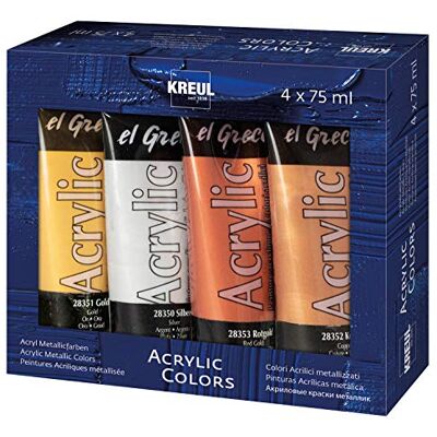 KREUL 28270 El Greco Acrylic Metallic Colors, 4 x 75 ml, Set mit gold, silber, rotgold und kupfer, hochpigmentierte Acrylfarbe in Studienqualität, hergestellt auf Wasserbasis KREUL 28270 El Greco Acrylic Metallic Colors, 4 x 75 ml, Set mit gold, silber, rotgold und kupfer, hochpigmentierte Acrylfarbe in Studienqualität, hergestellt auf Wasserbasis