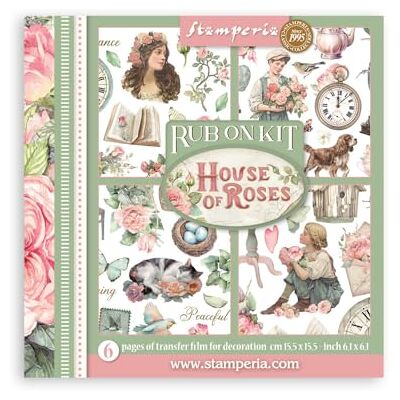 Stamperia Rub-on Kit for Scrapbooks, Albums, Cards, Bullet Journals and More, Easily Transfer Images onto Paper and Other Surfaces, Perfect for Crafts and Gifting (6 Pages) (House of Roses) Stamperia Rub-on Kit for Scrapbooks, Albums, Cards, Bullet Journals and More, Easily Transfer Images onto Paper and Other Surfaces, Perfect for Crafts and Gifting (6 Pages) (House of Roses)