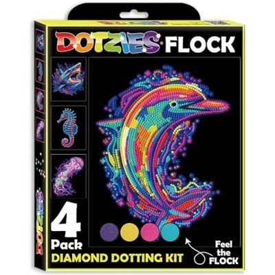 DIAMOND DOTZ DOTZIES 2594445 Original 5D Diamond Painting Set, Neon Meerestiere, 4 bunte Diamant-Bilder mit Flock, Dotting-Kit für Kinder ab 6 Jahren, Beginner DIAMOND DOTZ DOTZIES 2594445 Original 5D Diamond Painting Set, Neon Meerestiere, 4 bunte Diamant-Bilder mit Flock, Dotting-Kit für Kinder ab 6 Jahren, Beginner