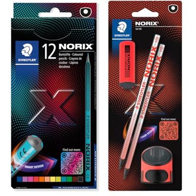 Staedtler NORIX 186 Buntstift und 181 Bleistift Set, Made from Upcycled Wood, einzigartige Form, 12 Buntstifte in sortierten Farben, 2 Bleistifte HB, Radierer und Einzelspitzdose, rot Staedtler NORIX 186 Buntstift und 181 Bleistift Set, Made from Upcycled Wood, einzigartige Form, 12 Buntstifte in sortierten Farben, 2 Bleistifte HB, Radierer und Einzelspitzdose, rot