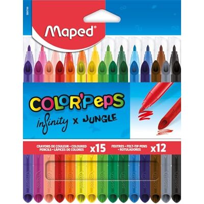Maped Color'Peps Combo Pack 15 INFINITY Buntstifte + 12 auswaschbare und trocknungsresistente Filzstifte JUNGLE mittlere Blockspitze leuchtende Farben im Kartonetui Maped Color'Peps Combo Pack 15 INFINITY Buntstifte + 12 auswaschbare und trocknungsresistente Filzstifte JUNGLE mittlere Blockspitze leuchtende Farben im Kartonetui