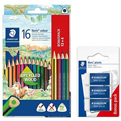 Staedtler Buntstifte Noris Colour 16 Stück, erhöhte Bruchfestigkeit, Dreikantform, ergonomische Soft-Oberfläche und 3 Radierer Mars plastic Staedtler Buntstifte Noris Colour 16 Stück, erhöhte Bruchfestigkeit, Dreikantform, ergonomische Soft-Oberfläche und 3 Radierer Mars plastic