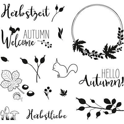 Rayher Clear Stamps Herbstwald, Bogengröße 102,5 x 97 mm, 4 Texte und 10 Motive, klar, transparente Stempel, durchsichtig, Silikonstempel Herbst, 50265000 Rayher Clear Stamps Herbstwald, Bogengröße 102,5 x 97 mm, 4 Texte und 10 Motive, klar, transparente Stempel, durchsichtig, Silikonstempel Herbst, 50265000