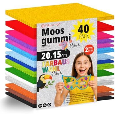 OFITURIA 40 Blatt Moosgummi Set, Bunte Farben, Format 20x15 cm – Ideal für Bastelprojekte, DIY, Schule, Kunst & Dekoration (Glitzer) OFITURIA 40 Blatt Moosgummi Set, Bunte Farben, Format 20x15 cm – Ideal für Bastelprojekte, DIY, Schule, Kunst & Dekoration (Glitzer)