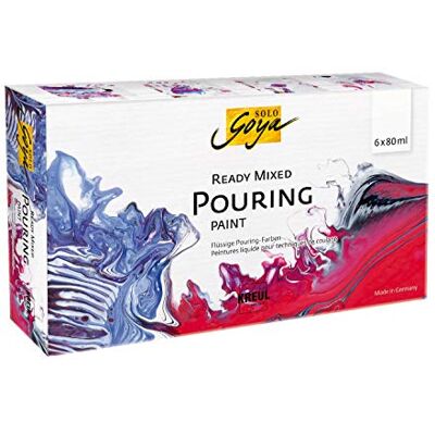 KREUL 87230 SOLO GOYA Ready Mixed Pouring Set, vorgemischte Pouring Acrylfarbe, 6 Flaschen á 80 ml in weiß, karminrot, magenta, kobaltblau, schwarz und saphirblau, für Gieß- und Fließtechniken KREUL 87230 SOLO GOYA Ready Mixed Pouring Set, vorgemischte Pouring Acrylfarbe, 6 Flaschen á 80 ml in weiß, karminrot, magenta, kobaltblau, schwarz und saphirblau, für Gieß- und Fließtechniken