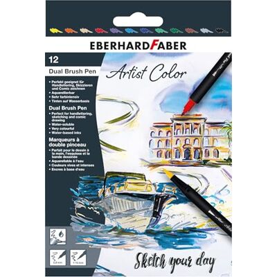 Eberhard Faber 558212 Dual Brush Pen Artist Color, 12 Filzstifte dicke und dünne Spitze, aquarellierbar Eberhard Faber 558212 Dual Brush Pen Artist Color, 12 Filzstifte dicke und dünne Spitze, aquarellierbar