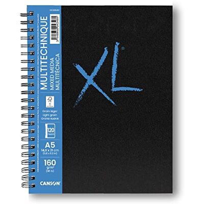 Canson XL-Papier, strukturiert, gemischte Medien, 160 g/m², A5, mittlere Körnung, Spiralblock, lange Seite, 60 weiße Blätter, ideal für professionelle Künstler und Studenten Canson XL-Papier, strukturiert, gemischte Medien, 160 g/m², A5, mittlere Körnung, Spiralblock, lange Seite, 60 weiße Blätter, ideal für professionelle Künstler und Studenten