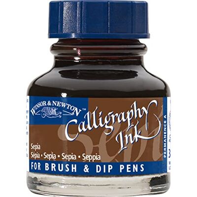 Winsor & Newton 1111609 Kalligraphie Tuschen (für Füllfederhalter oder Schreibfedern, untereinander mischbar, lichtecht, beständige Farbe) 30 ml Flasche sepia Winsor & Newton 1111609 Kalligraphie Tuschen (für Füllfederhalter oder Schreibfedern, untereinander mischbar, lichtecht, beständige Farbe) 30 ml Flasche sepia