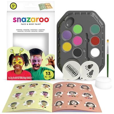 Snazaroo 1172190 Schminkset " Monster ", hautfreundliche Gesichtsschminke auf Wasserbasis 7 Schminkfarben, 1 Schminkpinsel, 1 Schwamm, 2 Vorlagen und Schritt-für-Schritt-Anleitung Snazaroo 1172190 Schminkset " Monster ", hautfreundliche Gesichtsschminke auf Wasserbasis 7 Schminkfarben, 1 Schminkpinsel, 1 Schwamm, 2 Vorlagen und Schritt-für-Schritt-Anleitung