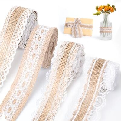 AiQInu 4 Rollen Juteband mit Spitze 2M, Spitzenband Jutestoff Dekoband, Vintage Jute Band Rolle mit Weisse Spitzen für DIY Handwerk Hochzeit Party Geschenkband AiQInu 4 Rollen Juteband mit Spitze 2M, Spitzenband Jutestoff Dekoband, Vintage Jute Band Rolle mit Weisse Spitzen für DIY Handwerk Hochzeit Party Geschenkband