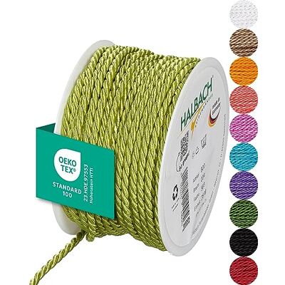 Halbach Seidenbänder Premium Kordel (grün) Breite 2mm Länge 50m Made in Germany & Öko-Tex Zertifiziert glänzende Satinkordel aus Acetat Halbach Seidenbänder Premium Kordel (grün) Breite 2mm Länge 50m Made in Germany & Öko-Tex Zertifiziert glänzende Satinkordel aus Acetat