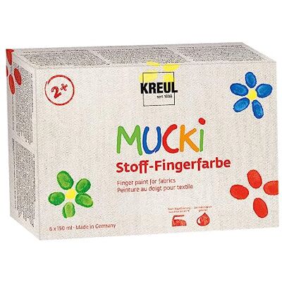 KREUL 28420 Mucki Stoff-Fingerfarbe, 6 x 150 ml Weiß, Gelb, Rot, Grün, Blau, Violett, leuchtkräftige Farben auf Wasserbasis für Kinder ab 2 Jahren KREUL 28420 Mucki Stoff-Fingerfarbe, 6 x 150 ml Weiß, Gelb, Rot, Grün, Blau, Violett, leuchtkräftige Farben auf Wasserbasis für Kinder ab 2 Jahren