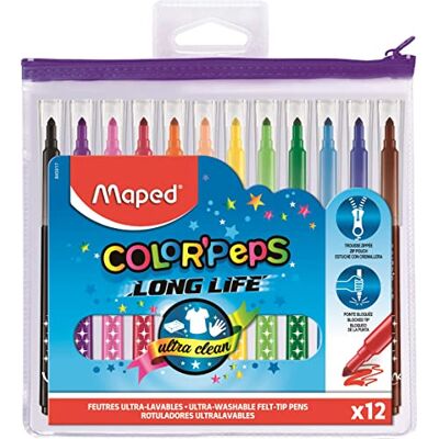 Maped Filzstifte Long Life – 12 Filzstifte, sehr waschbar und langlebig – mittlere Spitze blockiert – lebendige Farben – ideal für Schulanfang – Federmäppchen aus Kunststoff mit Reißverschluss Maped Filzstifte Long Life – 12 Filzstifte, sehr waschbar und langlebig – mittlere Spitze blockiert – lebendige Farben – ideal für Schulanfang – Federmäppchen aus Kunststoff mit Reißverschluss