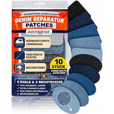 aZengear Bügelflicken Jeans (10er Set) – 100% Baumwolle, extra stark haftend, waschfest, 5 Farben Blau & Schwarz – ideal für Knie, Schritt, Ellbogen & Taschen Reparatur aZengear Bügelflicken Jeans (10er Set) – 100% Baumwolle, extra stark haftend, waschfest, 5 Farben Blau & Schwarz – ideal für Knie, Schritt, Ellbogen & Taschen Reparatur