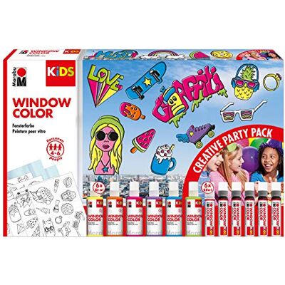 Marabu 0306000000101 KiDS Window Color Party Set mit 6x 80 ml und 6x 25 ml Farbe, 10 Malfolien und 4 Malvorlagen, Fenstermalfarbe auf Wasserbasis, für glatte Oberflächen, Partyspaß für Kinder Marabu 0306000000101 KiDS Window Color Party Set mit 6x 80 ml und 6x 25 ml Farbe, 10 Malfolien und 4 Malvorlagen, Fenstermalfarbe auf Wasserbasis, für glatte Oberflächen, Partyspaß für Kinder