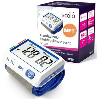 scala SC 6027 NFC Handgelenk Blutdruckmessgerät Blau – Smart Datentransfer per App & Wiederaufladbarer Li-Po Akku – XXL Display, 2 Nutzer Speicher & Raumtemperatur scala SC 6027 NFC Handgelenk Blutdruckmessgerät Blau – Smart Datentransfer per App & Wiederaufladbarer Li-Po Akku – XXL Display, 2 Nutzer Speicher & Raumtemperatur