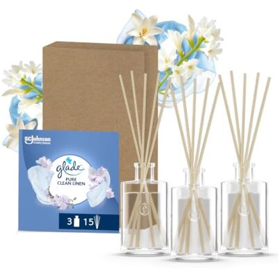 Glade Raumduft, 3 Glas-Flakons & 15 Duftstäbchen Langanhaltender Lufterfrischer mit ätherischen Ölen, Bis zu 5 Wochen Frische, Pure Clean Linen Duft, 3x 50 ml Glasflakons Glade Raumduft, 3 Glas-Flakons & 15 Duftstäbchen Langanhaltender Lufterfrischer mit ätherischen Ölen, Bis zu 5 Wochen Frische, Pure Clean Linen Duft, 3x 50 ml Glasflakons