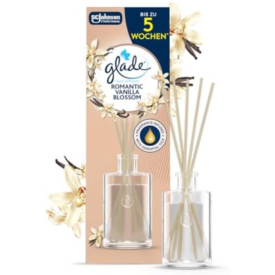Glade Raumduft, 1 Glas-Flakon & 5 Duftstäbchen Langanhaltender Lufterfrischer mit ätherischen Ölen, Bis zu 5 Wochen Frische, Romantic Vanilla Blossom Duft, 50 ml Glasflakon Glade Raumduft, 1 Glas-Flakon & 5 Duftstäbchen Langanhaltender Lufterfrischer mit ätherischen Ölen, Bis zu 5 Wochen Frische, Romantic Vanilla Blossom Duft, 50 ml Glasflakon