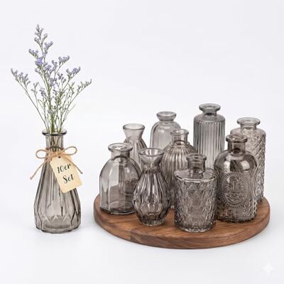 Relaxdays Vasen, 10er Set, strukturiert, Vintage-Design, Glas, H: 10–14,7 cm, kleine Dekovasen für Tischdeko, grau Relaxdays Vasen, 10er Set, strukturiert, Vintage-Design, Glas, H: 10–14,7 cm, kleine Dekovasen für Tischdeko, grau