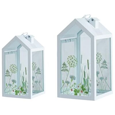 GILDE 2er Set Laterne Wild Flowers aus Metall matt weiß Blumenmotiv Hausform 2 Größen GILDE 2er Set Laterne Wild Flowers aus Metall matt weiß Blumenmotiv Hausform 2 Größen