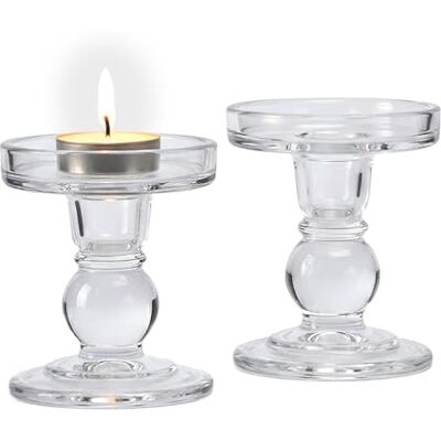 Relaxdays Kerzenhalter, 2er Set, Glas, für Stumpenkerzen & Stabkerzen, HxD: 8,5 x 8,5 cm, Kerzenständer, transparent Relaxdays Kerzenhalter, 2er Set, Glas, für Stumpenkerzen & Stabkerzen, HxD: 8,5 x 8,5 cm, Kerzenständer, transparent