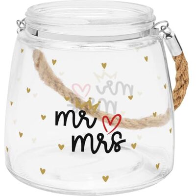 GRUSS & CO Windlicht Motiv Mr. & Mrs. Glas, Höhe 12 cm, geflochtener Tragegriff aus Naturgarn Hochzeitsgeschenk, Deko für Hochzeit 73874 GRUSS & CO Windlicht Motiv Mr. & Mrs. Glas, Höhe 12 cm, geflochtener Tragegriff aus Naturgarn Hochzeitsgeschenk, Deko für Hochzeit 73874