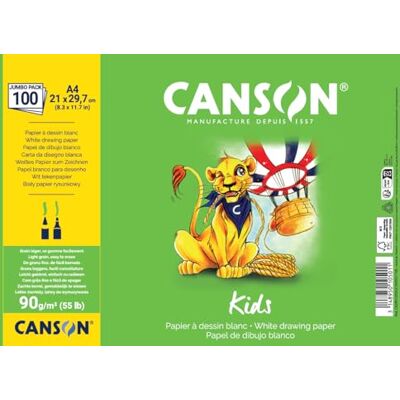 Canson Kids, weißes Zeichenpapier, leichte Körnung, 90 g/m², Blatt, A4-21 x 29,7 cm, Weiß, 100 Blatt Canson Kids, weißes Zeichenpapier, leichte Körnung, 90 g/m², Blatt, A4-21 x 29,7 cm, Weiß, 100 Blatt