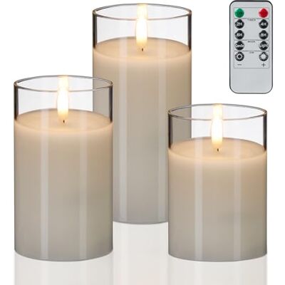 Relaxdays LED Kerzen im Glas, 3er Set, Fernbedienung, Timer & flackernde Flamme, Echtwachs, Windlichter flammenlos, weiß Relaxdays LED Kerzen im Glas, 3er Set, Fernbedienung, Timer & flackernde Flamme, Echtwachs, Windlichter flammenlos, weiß