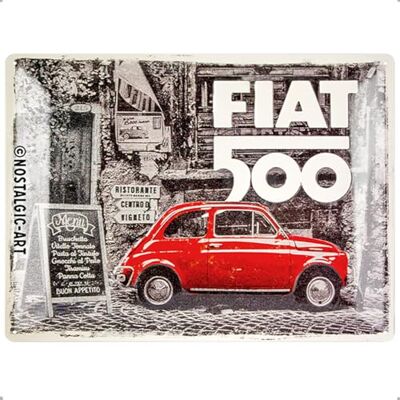 ART 23295 Retro Blechschild Fiat 500 – Red car in the street – Geschenk-Idee für Auto Fans, aus Metall, Vintage-Design zur Dekoration, 30 x 40 cm ART 23295 Retro Blechschild Fiat 500 – Red car in the street – Geschenk-Idee für Auto Fans, aus Metall, Vintage-Design zur Dekoration, 30 x 40 cm