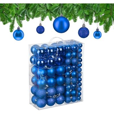 Relaxdays Weihnachtskugeln im 138er Set, Kunststoff, glitzernde, Matte, glänzende Baumkugeln, Christbaumschmuck, blau Relaxdays Weihnachtskugeln im 138er Set, Kunststoff, glitzernde, Matte, glänzende Baumkugeln, Christbaumschmuck, blau
