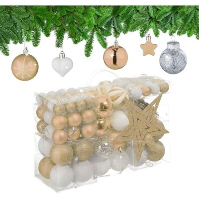 Relaxdays Weihnachtskugeln 101er Set, Kunststoff, Weihnachtsbaumdeko Kugeln & Spitze, Christbaumschmuck, Champagner/weiß Relaxdays Weihnachtskugeln 101er Set, Kunststoff, Weihnachtsbaumdeko Kugeln & Spitze, Christbaumschmuck, Champagner/weiß