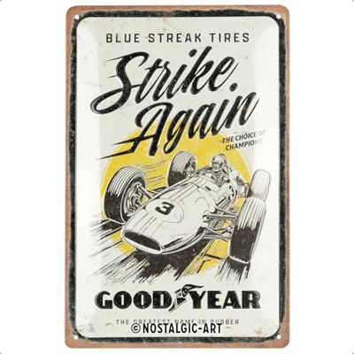 ART Retro Blechschild, 20 x 30 cm, Goodyear – Blue Strikes again – Geschenk-Idee für Motor-Fans, Original Lizenzprodukt (OLP), aus Metall, Vintage Design, Blechschilder Sprüche, Reifen-Deko ART Retro Blechschild, 20 x 30 cm, Goodyear – Blue Strikes again – Geschenk-Idee für Motor-Fans, Original Lizenzprodukt (OLP), aus Metall, Vintage Design, Blechschilder Sprüche, Reifen-Deko