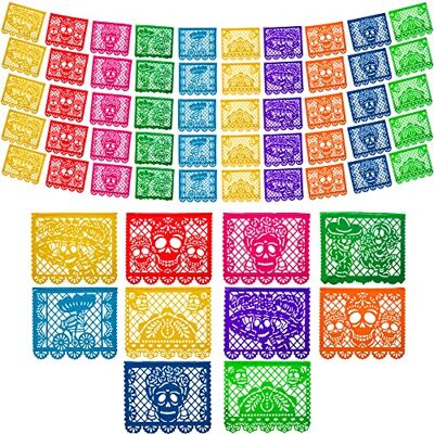 FIESTA WRAPS Mexikanische Partybanner (5 Stück, 10 Kunststoff-Flaggen-Designs pro Banner) – Papel Picado Dia de Los Muertos Dekorationen für Altar – Tag der Toten Banner – Tag der Toten Dekoration FIESTA WRAPS Mexikanische Partybanner (5 Stück, 10 Kunststoff-Flaggen-Designs pro Banner) – Papel Picado Dia de Los Muertos Dekorationen für Altar – Tag der Toten Banner – Tag der Toten Dekoration