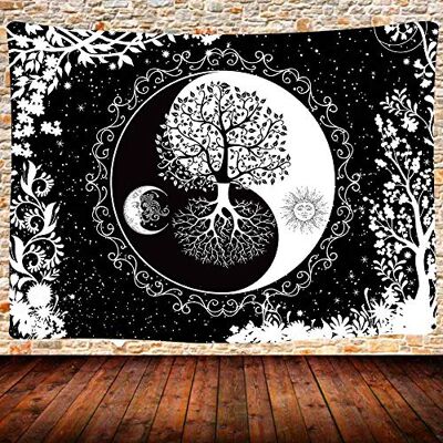 UHOMETAP Wandteppich mit Sonne und Mond, Mandala, schwarz-weiß, Wandbehang, Yin-Yang, Baum des Lebens, 203 x 152 cm, Schlafzimmer, Wohnheim, Heimdekoration GTQQUH666 UHOMETAP Wandteppich mit Sonne und Mond, Mandala, schwarz-weiß, Wandbehang, Yin-Yang, Baum des Lebens, 203 x 152 cm, Schlafzimmer, Wohnheim, Heimdekoration GTQQUH666