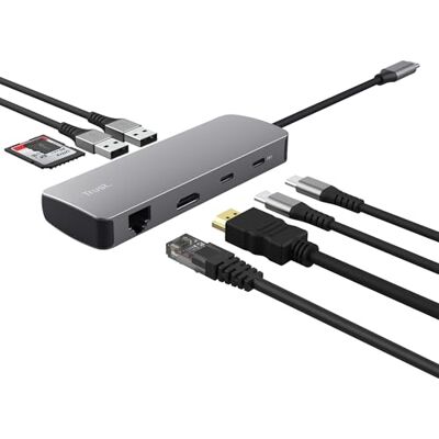 Trust Vylor 8-in-1 Kompakt USB C Hub Multiport Adapter mit HDMI 4k60Hz Gigabit Ethernet, MicroSD/SD Kartenleser, USB-C USB-A, Ladeanschluss 100W, Docking Station PC Laptop Dell HP Asus MacBook Trust Vylor 8-in-1 Kompakt USB C Hub Multiport Adapter mit HDMI 4k60Hz Gigabit Ethernet, MicroSD/SD Kartenleser, USB-C USB-A, Ladeanschluss 100W, Docking Station PC Laptop Dell HP Asus MacBook