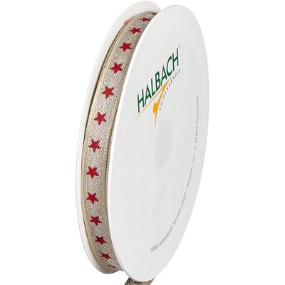 Halbach Seidenbänder Geschenkband Sterne Leinen Band mit Drahtkante und Sternen Druck für Weihnachten Farbe: natur/rot Halbach Seidenbänder Geschenkband Sterne Leinen Band mit Drahtkante und Sternen Druck für Weihnachten Farbe: natur/rot