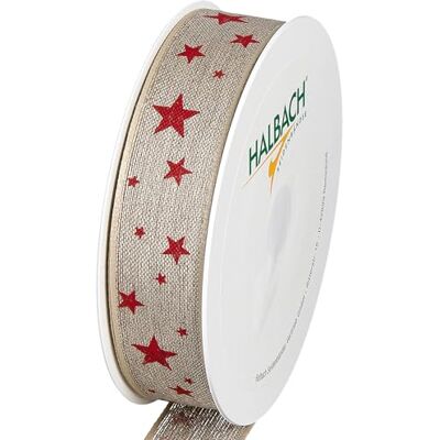 Halbach Seidenbänder Geschenkband Sterne Leinen Band mit Drahtkante und Sternen Druck für Weihnachten Farbe: natur/rot Halbach Seidenbänder Geschenkband Sterne Leinen Band mit Drahtkante und Sternen Druck für Weihnachten Farbe: natur/rot
