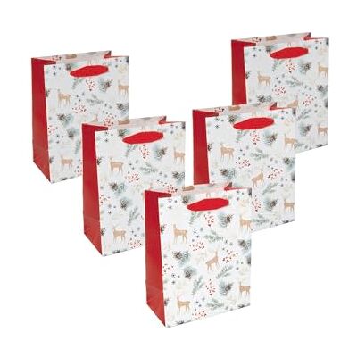 Sigel GT133/5 mittelgroße Premium Geschenktüten aus Papier, 5er Set, weiß/gold/rot, mit Seidenbandgriffen, 18 x 23 x 10 cm, Christmas motifs watercolor, Papier-Geschenktaschen Weihnachten Sigel GT133/5 mittelgroße Premium Geschenktüten aus Papier, 5er Set, weiß/gold/rot, mit Seidenbandgriffen, 18 x 23 x 10 cm, Christmas motifs watercolor, Papier-Geschenktaschen Weihnachten