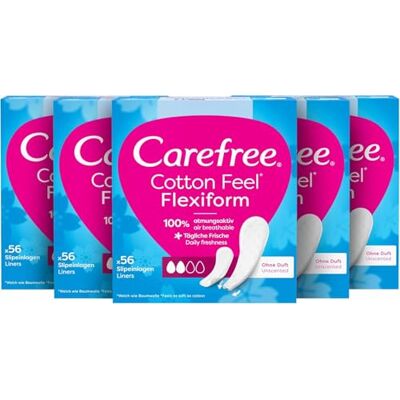 Carefree Slipeinlagen Cotton Feel Flexiform ohne Duft, 1 x 56 Stk 100 Prozent atmungsaktiv, weich wie Baumwolle, ohne Duftstoffe, für Frische, passt sich Körperbewegungen an Carefree Slipeinlagen Cotton Feel Flexiform ohne Duft, 1 x 56 Stk 100 Prozent atmungsaktiv, weich wie Baumwolle, ohne Duftstoffe, für Frische, passt sich Körperbewegungen an