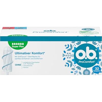 o.b. ProComfort Super Plus Tampons 32 Stk., mit SilkTouch Oberfläche und Dynamic Fit Technologie, besonders sanftes Einführen und Entfernen, 100 Prozent pflanzlich basierter Tamponkern o.b. ProComfort Super Plus Tampons 32 Stk., mit SilkTouch Oberfläche und Dynamic Fit Technologie, besonders sanftes Einführen und Entfernen, 100 Prozent pflanzlich basierter Tamponkern