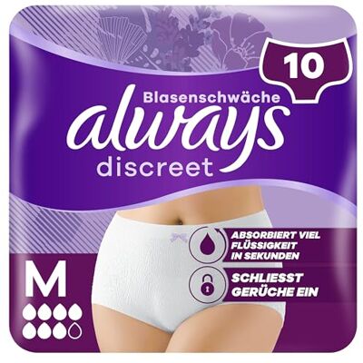 Always Discreet Inkontinenz-Höschen Plus Für Frauen, M, 10 Höschen, Verhindert Auslaufen Und Gerüche, Angenehm Und Kaum Spürbar Always Discreet Inkontinenz-Höschen Plus Für Frauen, M, 10 Höschen, Verhindert Auslaufen Und Gerüche, Angenehm Und Kaum Spürbar