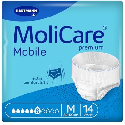 Molicare premium Mobile 6 Tropfen Größe M, Inkontinenzhosen für Frauen und Männer mit mittlerer Inkontinenz, extra Auslaufschutz, fortschrittlicher Hautschutz, verbesserte Passform, 14 Stück Molicare premium Mobile 6 Tropfen Größe M, Inkontinenzhosen für Frauen und Männer mit mittlerer Inkontinenz, extra Auslaufschutz, fortschrittlicher Hautschutz, verbesserte Passform, 14 Stück