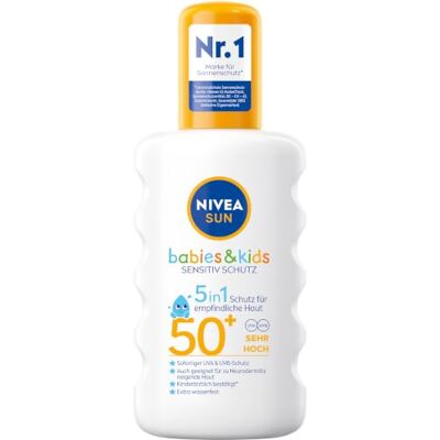 Beiersdorf NIVEA SUN Babies & Kids Sensitiv Schutz Sonnenspray LSF 50+ (200 ml), extra wasserfestes Sonnencreme Spray für Kinder, Sonnenmilch als praktisches Spray ohne Parfum Beiersdorf NIVEA SUN Babies & Kids Sensitiv Schutz Sonnenspray LSF 50+ (200 ml), extra wasserfestes Sonnencreme Spray für Kinder, Sonnenmilch als praktisches Spray ohne Parfum