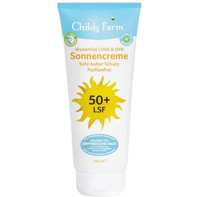 Childs Farm Sonnencreme für Kinder und Babys, sehr hoher Schutz mit LSF 50+, wasserfest, UVA- und UVB-Schutz, 200ml Für trockene, empfindliche oder auch zu Ekzemen neigende Haut geeignet Childs Farm Sonnencreme für Kinder und Babys, sehr hoher Schutz mit LSF 50+, wasserfest, UVA- und UVB-Schutz, 200ml Für trockene, empfindliche oder auch zu Ekzemen neigende Haut geeignet