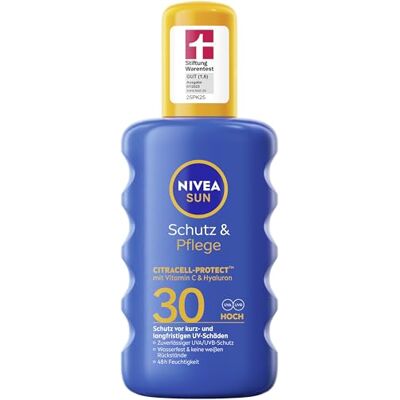 Nivea Sun Schutz & Pflege Sonnenspray LSF 30, wasserfestes Sonnencreme Spray mit Vitamin C & Hyaluron, schnell einziehender Sonnenschutz für 48h Feuchtigkeit (200 ml) Nivea Sun Schutz & Pflege Sonnenspray LSF 30, wasserfestes Sonnencreme Spray mit Vitamin C & Hyaluron, schnell einziehender Sonnenschutz für 48h Feuchtigkeit (200 ml)