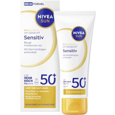 Nivea Sun Sonnenschutz LSF 50+, parfümfreie Gesichtscreme für empfindliche Haut, atmungsaktive Sonnencreme mit 98% UVB-Schutz, Breathable UV Gesicht Sensitiv (40 ml) Nivea Sun Sonnenschutz LSF 50+, parfümfreie Gesichtscreme für empfindliche Haut, atmungsaktive Sonnencreme mit 98% UVB-Schutz, Breathable UV Gesicht Sensitiv (40 ml)